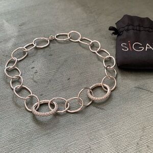 SIGAL Oval Chain Link 925 Silver Necklace With Rhinestones